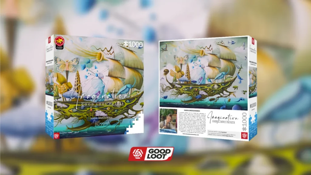 Opakowanie puzzli 1000 elementów Good Loot z serii Imagination z surrealistyczną ilustracją latającego żaglowca autorstwa Marii Brzozowskiej.