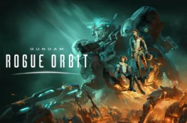 Grafika promocyjna gry Gundam Rogue Orbit przedstawiająca potężnego mecha z błękitnymi podświetleniami, na którego dłoni i ramieniu siedzą oraz stoją dwaj piloci nad spowitym ogniem pobojowiskiem.