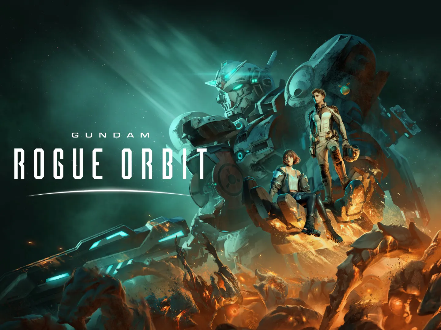 Grafika promocyjna gry Gundam Rogue Orbit przedstawiająca potężnego mecha z błękitnymi podświetleniami, na którego dłoni i ramieniu siedzą oraz stoją dwaj piloci nad spowitym ogniem pobojowiskiem.