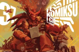 Oficjalny plakat 37. Międzynarodowego Festiwalu Komiksu i Gier w Łodzi przedstawiający wielkiego czerwonego mecha czytającego komiks w otoczeniu mniejszych postaci, robota z konsolą i kota na stosie książek.