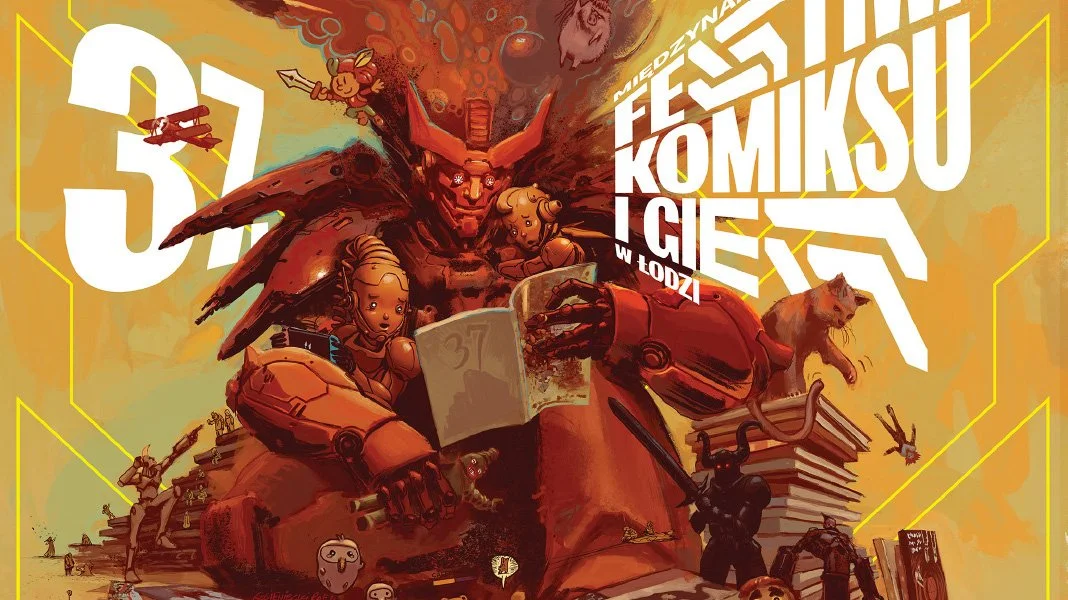 Oficjalny plakat 37. Międzynarodowego Festiwalu Komiksu i Gier w Łodzi przedstawiający wielkiego czerwonego mecha czytającego komiks w otoczeniu mniejszych postaci, robota z konsolą i kota na stosie książek.
