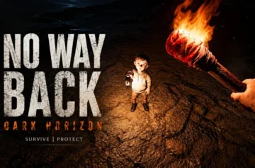 Okładka No Way Back Dark Horizon. Mały chłopiec trzymający lampę naftową, widziany z perspektywy pierwszej osoby, trzymającej pochodnię.
