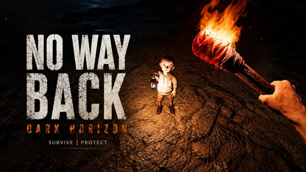 Okładka No Way Back Dark Horizon. Mały chłopiec trzymający lampę naftową, widziany z perspektywy pierwszej osoby, trzymającej pochodnię.