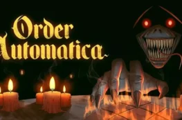 Grafika promocyjna gry Order Automatica z upiorną postacią o świecących czerwonych oczach, ostrych zębach i kościstej dłoni sięgającej nad płonący stół ze świecami.