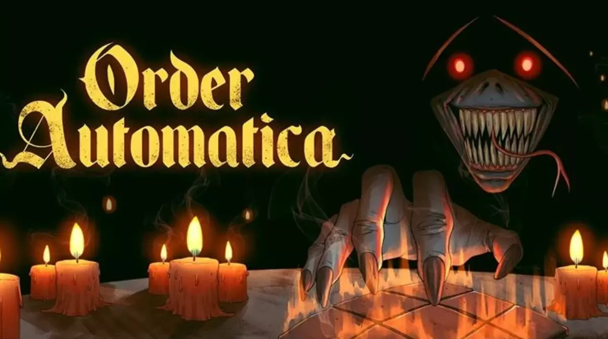 Grafika promocyjna gry Order Automatica z upiorną postacią o świecących czerwonych oczach, ostrych zębach i kościstej dłoni sięgającej nad płonący stół ze świecami.