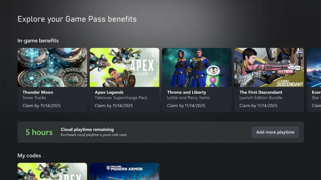 Zrzut ekranu interfejsu Game Pass z sekcją korzyści w grach oraz licznikiem 5 godzin pozostałego czasu grania w chmurze z przyciskiem dokupienia limitu.