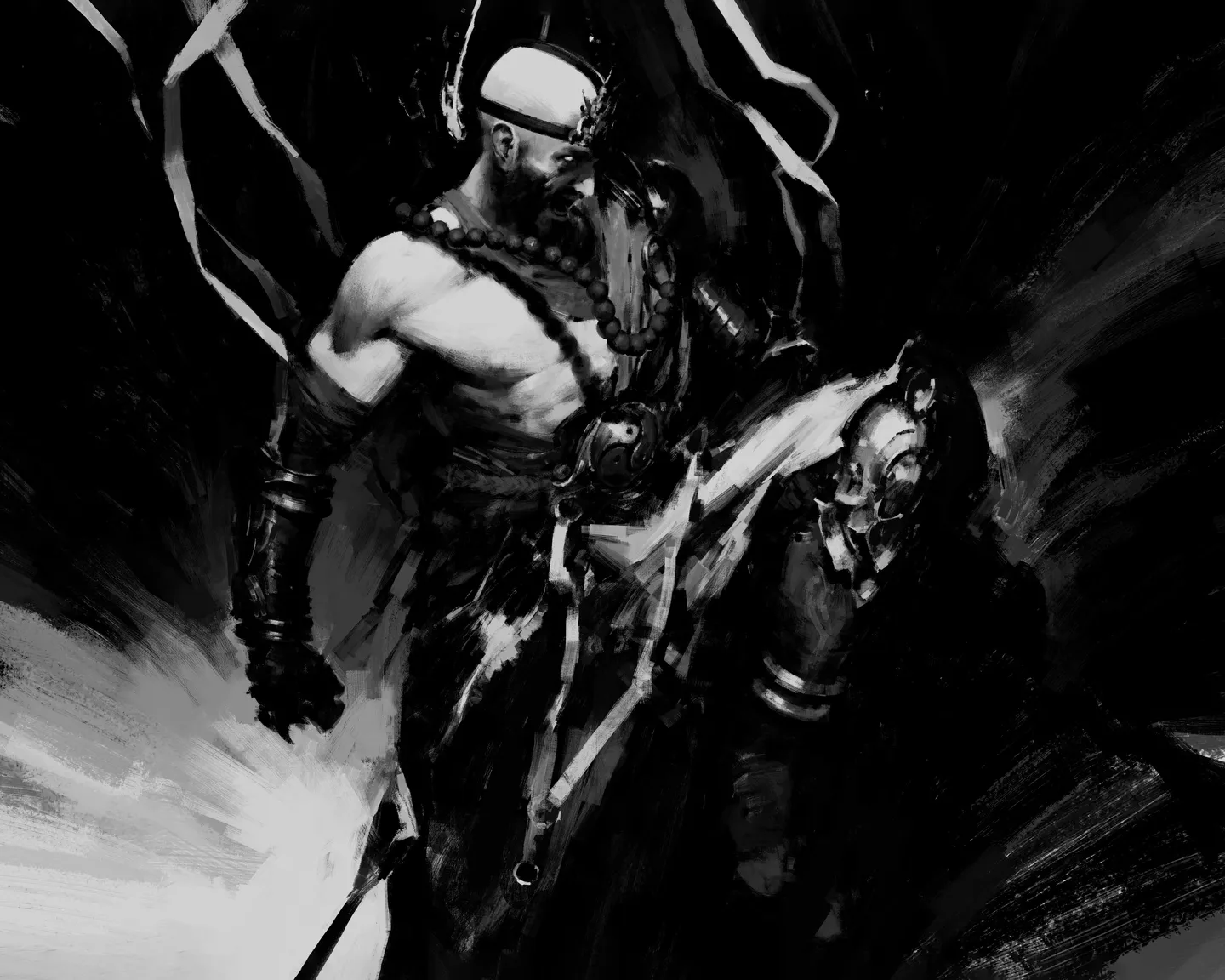 Czarno-biała ilustracja muskularnego wojownika z ogoloną głową, koralikami i ciężkim toporem.