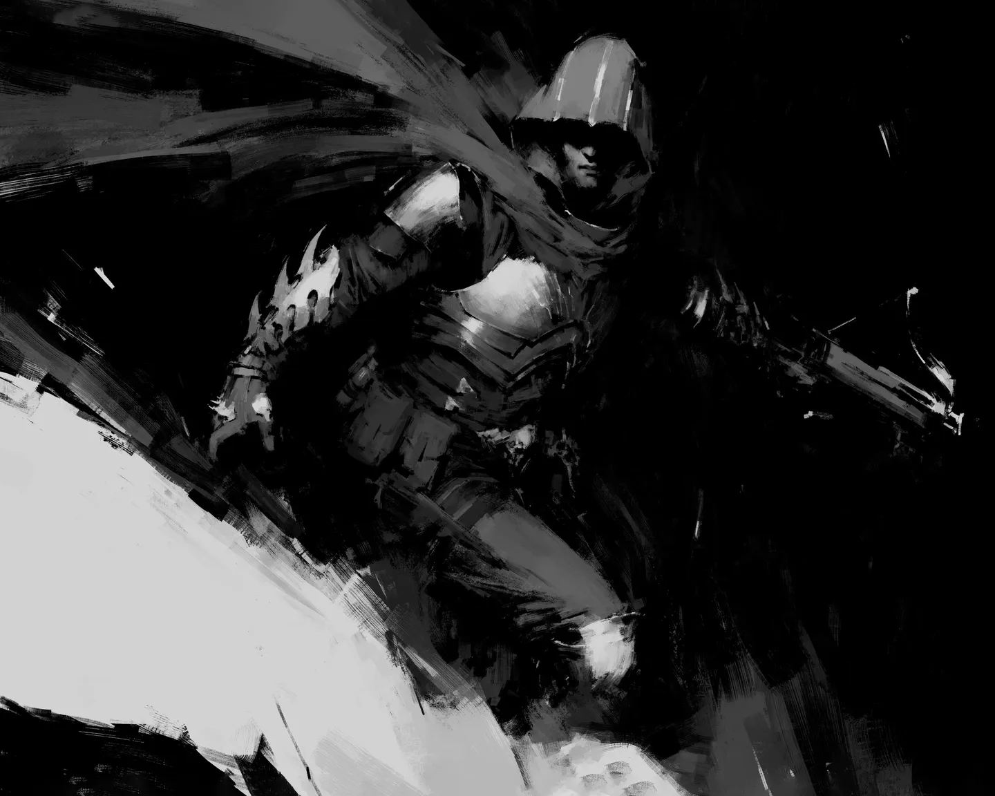 Czarno-biała ilustracja wojownika w hełmie i pelerynie, z toporem, ukazanego w dynamicznej pozie.