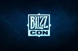 Białe logo BlizzCon na ciemnoniebieskim tle.
