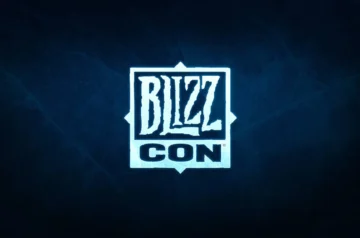 Białe logo BlizzCon na ciemnoniebieskim tle.