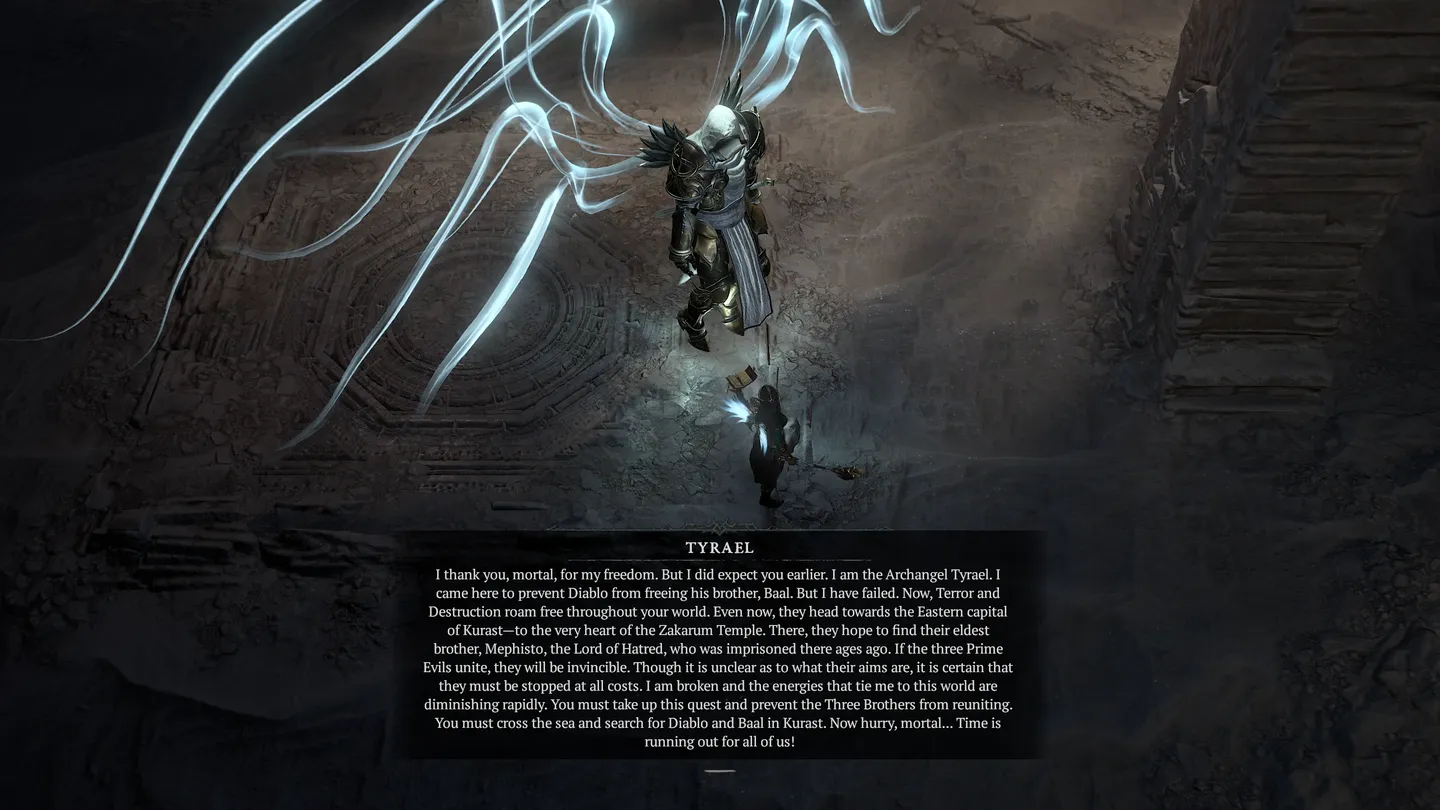 Scena fabularna z Diablo IV, w której archanioł Tyrael, unoszący się nad bohaterem wśród jasnych, smoczych energii, ostrzega przed powrotem trzech braci i prosi o odnalezienie Diablo oraz Baala w Kurast.