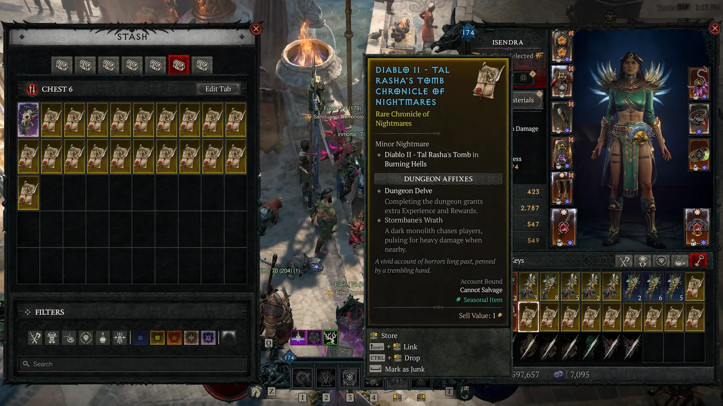 Zrzut ekranu z Diablo IV pokazujący ekran ekwipunku postaci Isendra oraz skrytkę pełną przedmiotów. Na środku wyświetlono opis rzadkiego przedmiotu „Diablo II – Tal Rasha’s Tomb Chronicle of Nightmares” z modyfikatorami lochu i nagrodami.