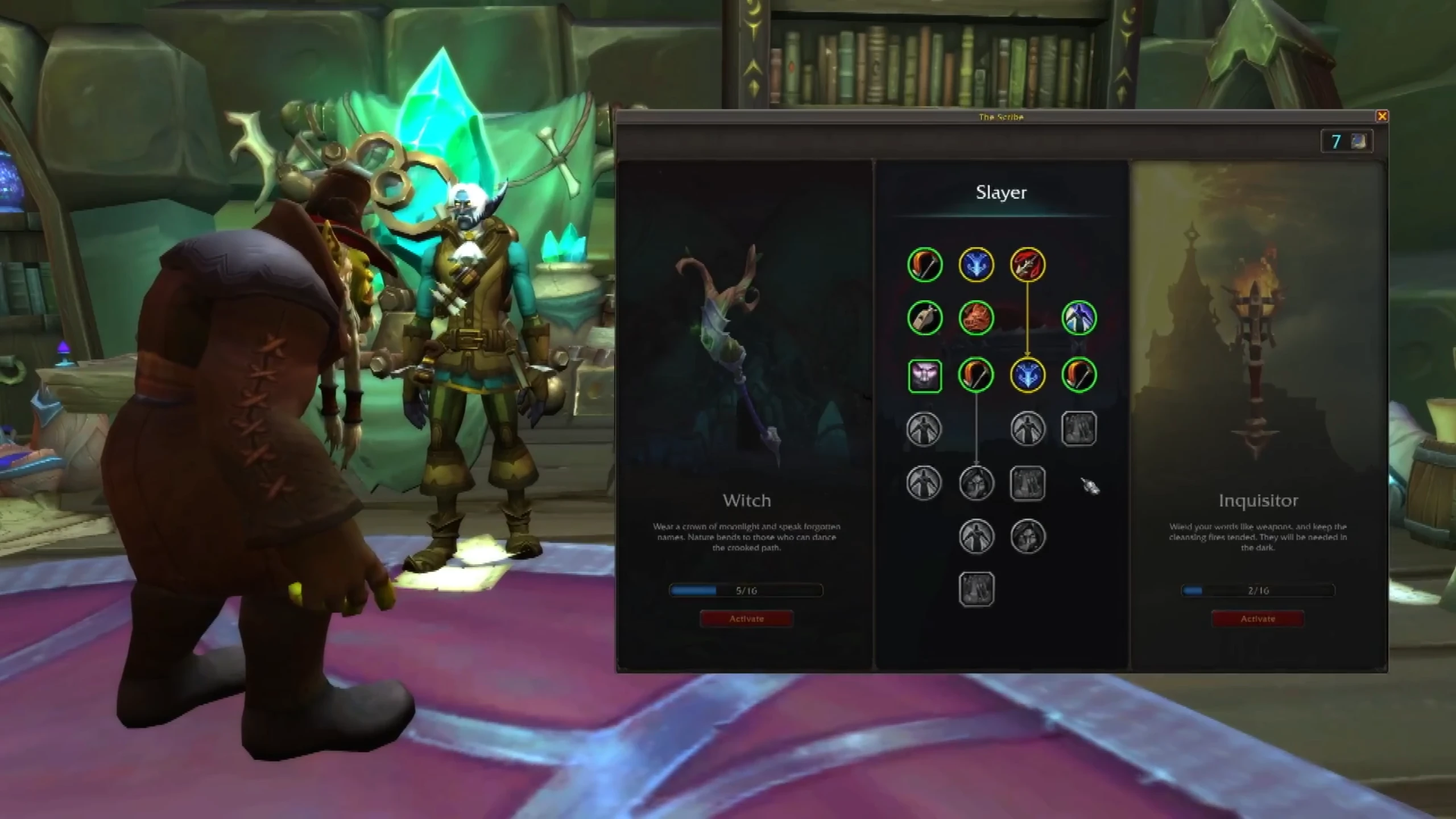 Zrzut ekranu z World of Warcraft przedstawiający interfejs „The Scribe” z drzewem specjalizacji „Slayer”, a po bokach ścieżki wyboru „Witch” i „Inquisitor”.