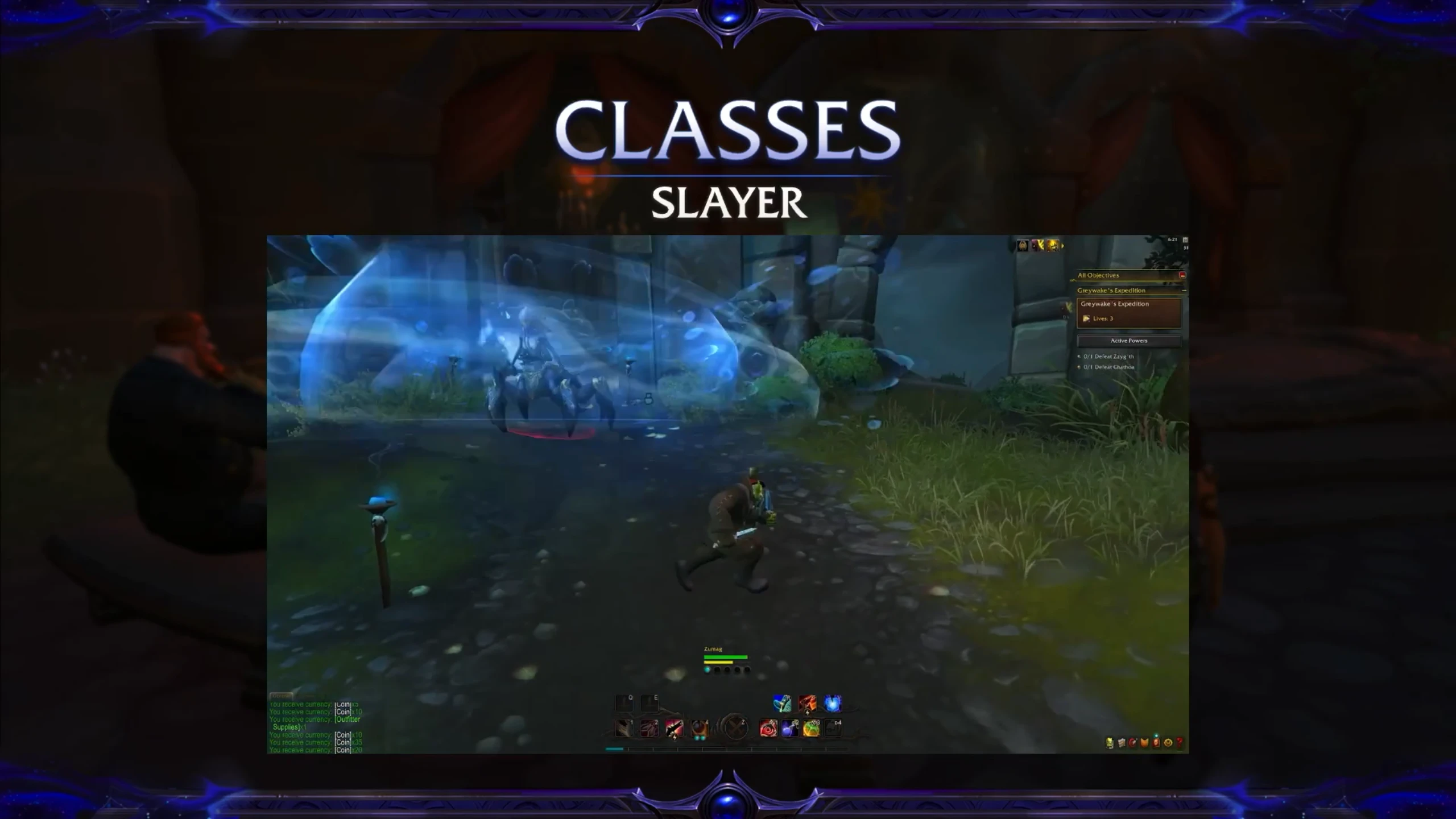 Slajd prezentacji o klasie Slayer w World of Warcraft, pokazujący rozgrywkę postaci walczącej w leśnym otoczeniu oraz używającej umiejętności przeciwko grupie przeciwników.