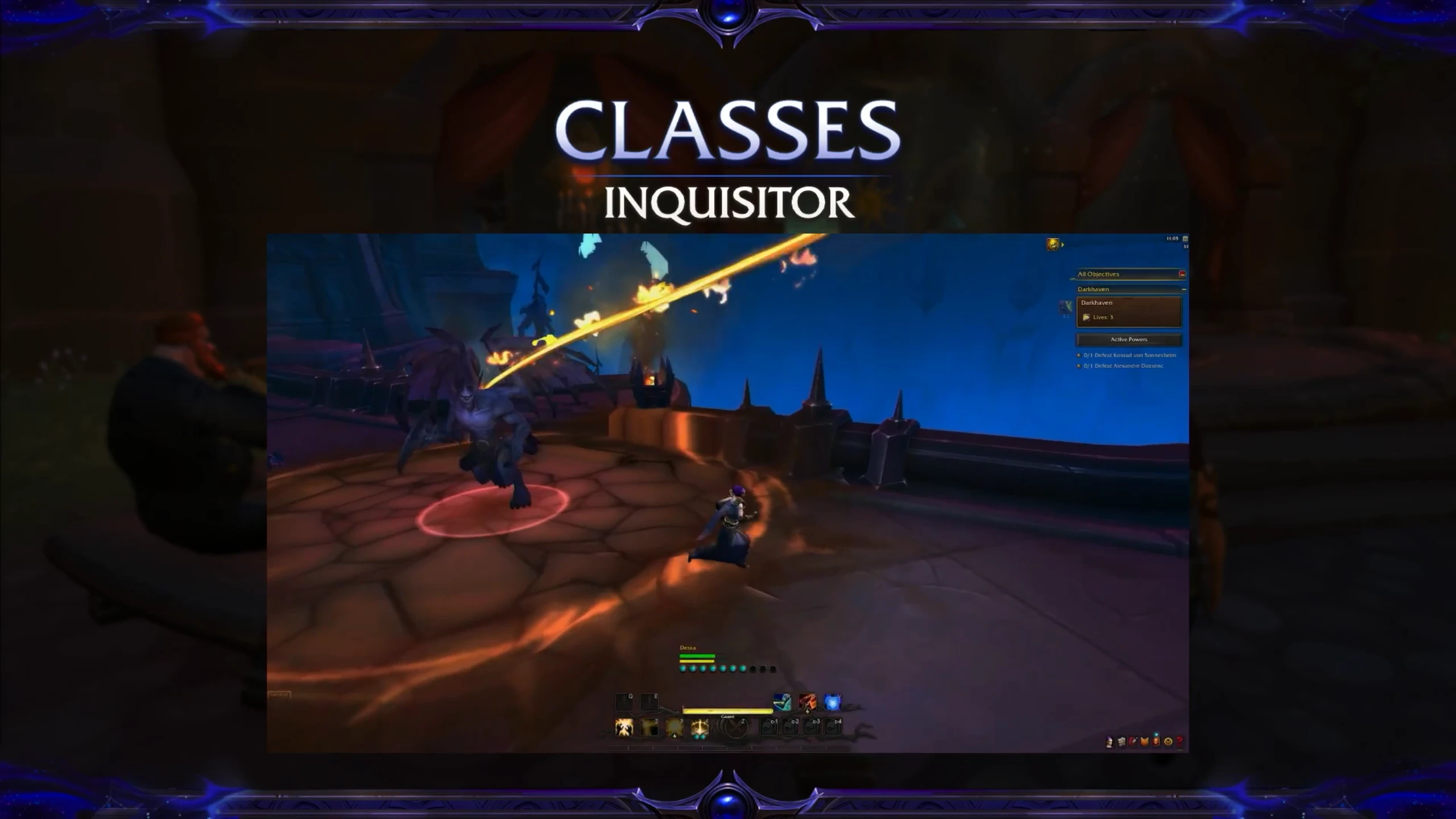 Slajd prezentacji o klasie Inquisitor w World of Warcraft, pokazujący postać walczącą z przeciwnikiem na mrocznej platformie i atakującą go szerokim, ognistym promieniem.