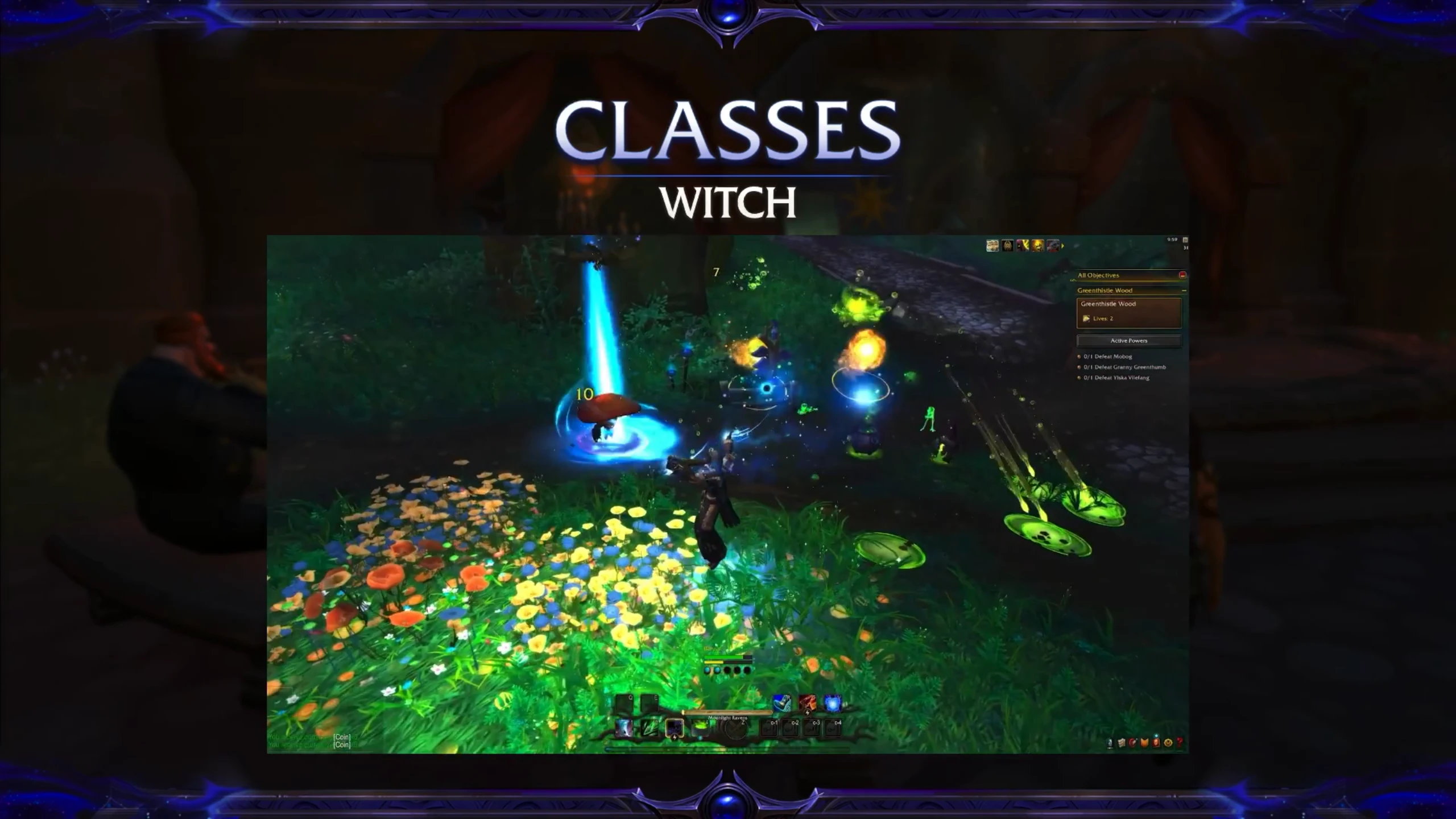 Slajd prezentacji o klasie Witch w World of Warcraft, pokazujący postać rzucającą jaskrawe, magiczne zaklęcia na grupę przeciwników w kwiecistym, leśnym otoczeniu.