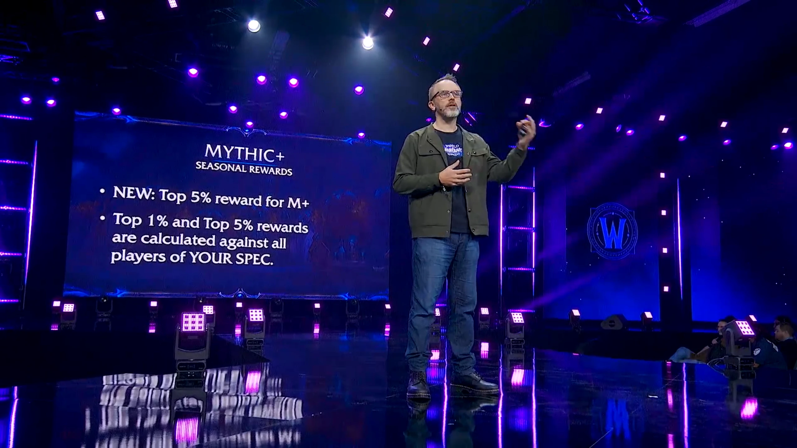 Kadr z prezentacji World of Warcraft na temat nagród sezonowych Mythic+, przedstawiający prezentera na scenie oraz informacje o nagrodach dla 5% najlepszych graczy i rankingach obliczanych w obrębie danej specjalizacji.