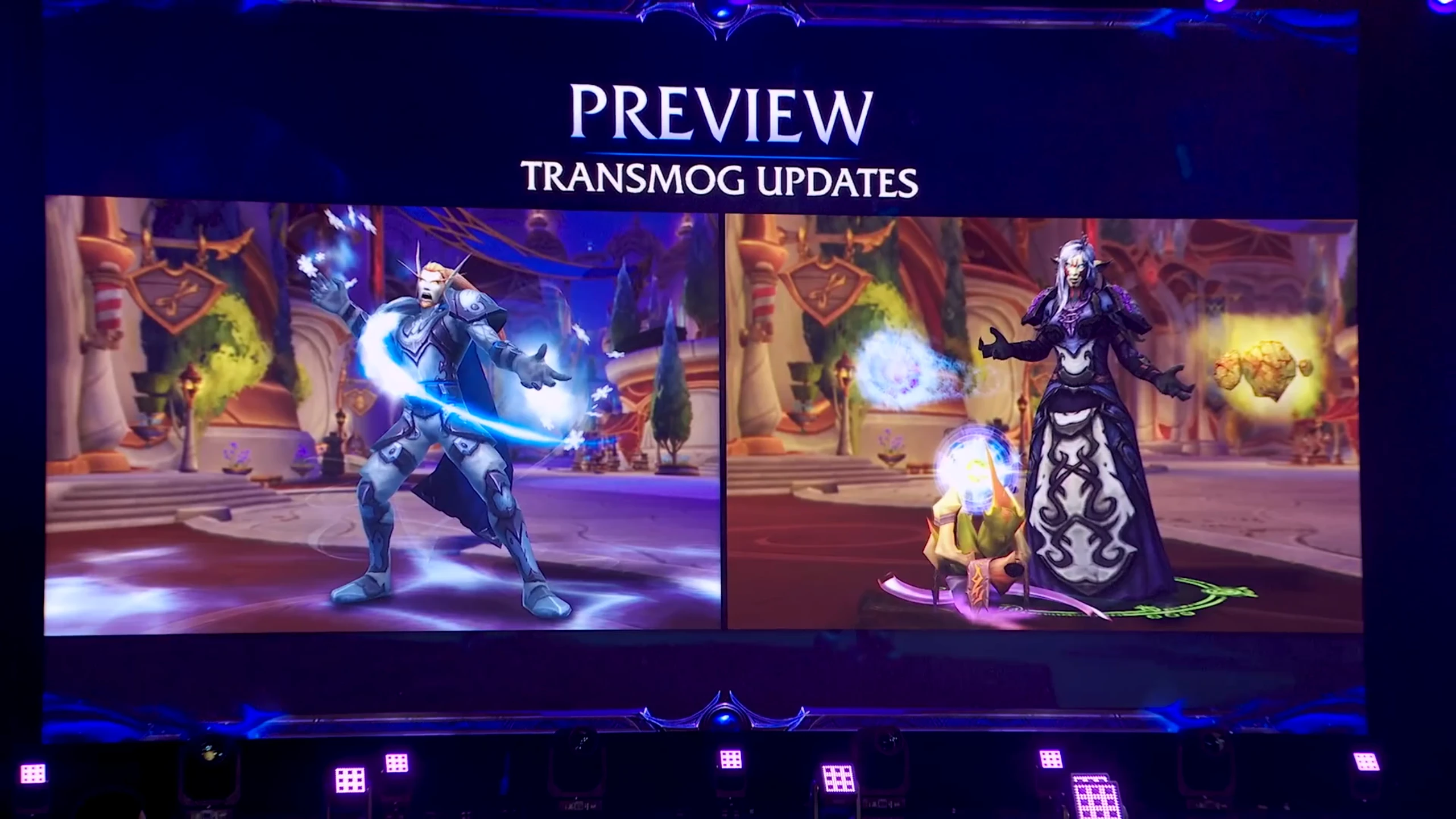 Slajd prezentacji o aktualizacjach transmogryfikacji w World of Warcraft, pokazujący dwie różne stylizacje postaci w tej samej scenerii: wojownika w jasnej zbroi oraz elfkę w ciemnej szacie.