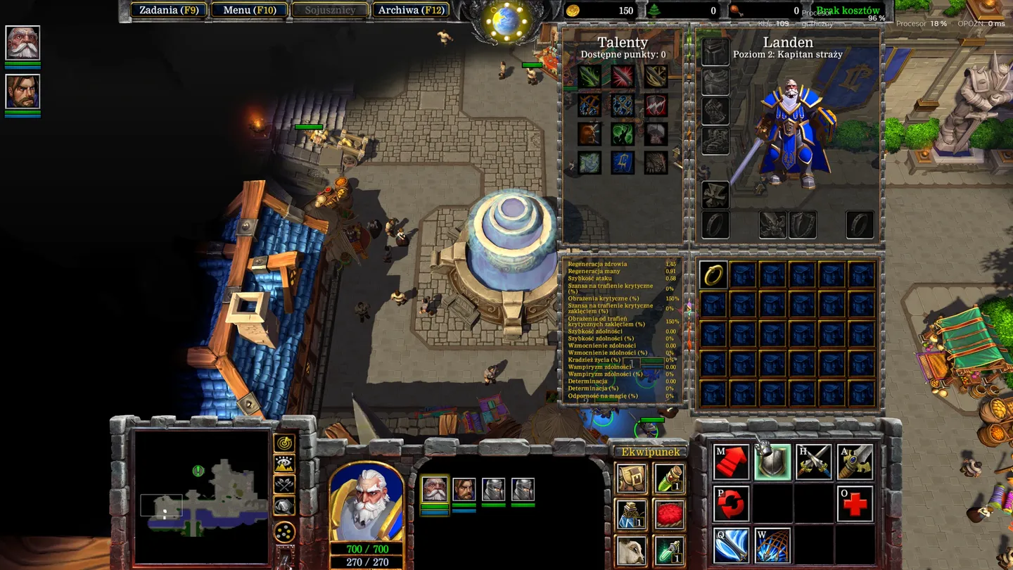 Zrzut ekranu z Warcraft III: Reforged – Forsaken Kingdom przedstawiający bohatera Landena na 2. poziomie, panel talentów bez dostępnych punktów, ekwipunek oraz szczegółowe statystyki w interfejsie gry.