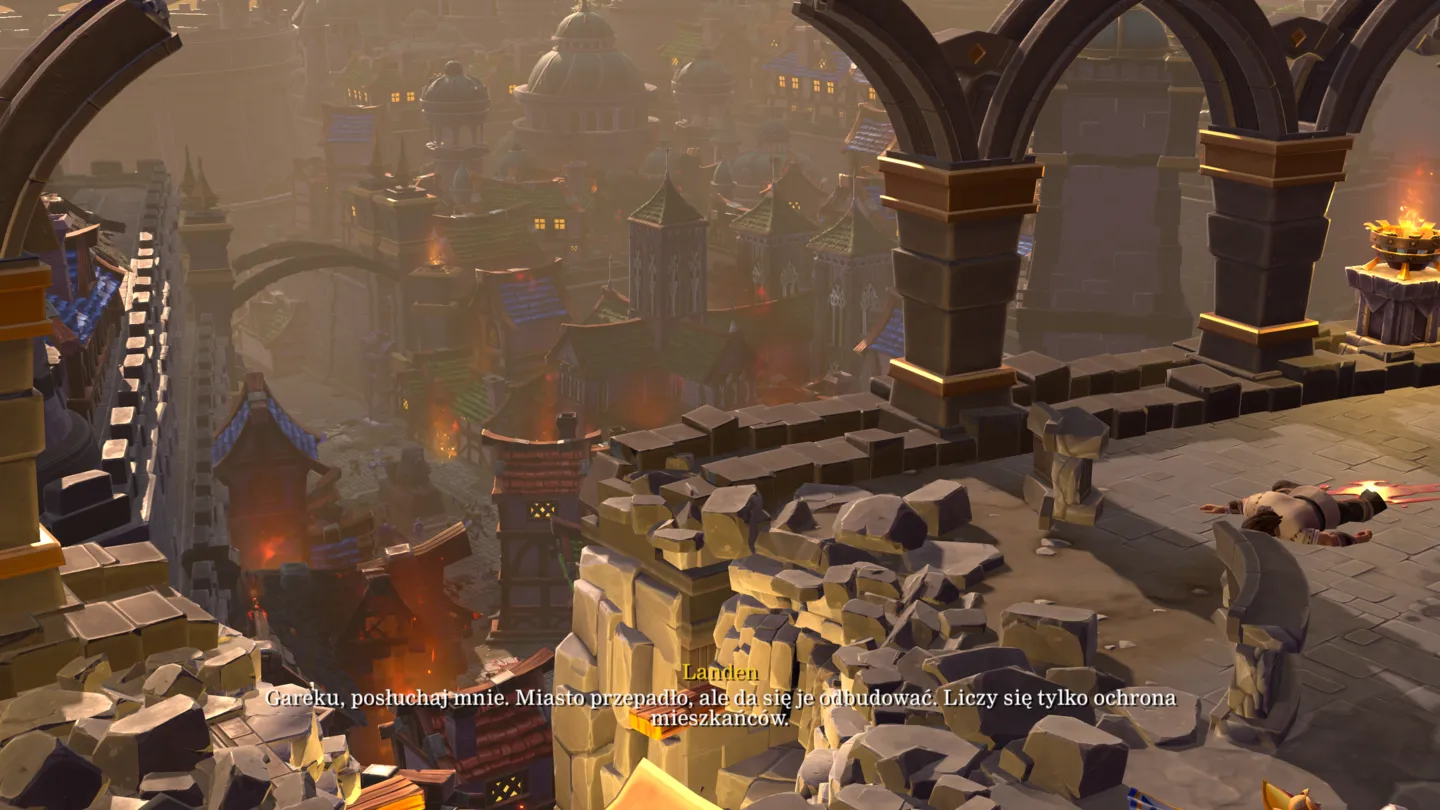Scena fabularna z Warcraft III: Reforged – Forsaken Kingdom ukazująca zrujnowane miasto Lordaeronu widziane z murów twierdzy. Kapitan Landen mówi Garekowi, że miasto upadło, ale można je odbudować, jeśli najważniejsza będzie ochrona mieszkańców.