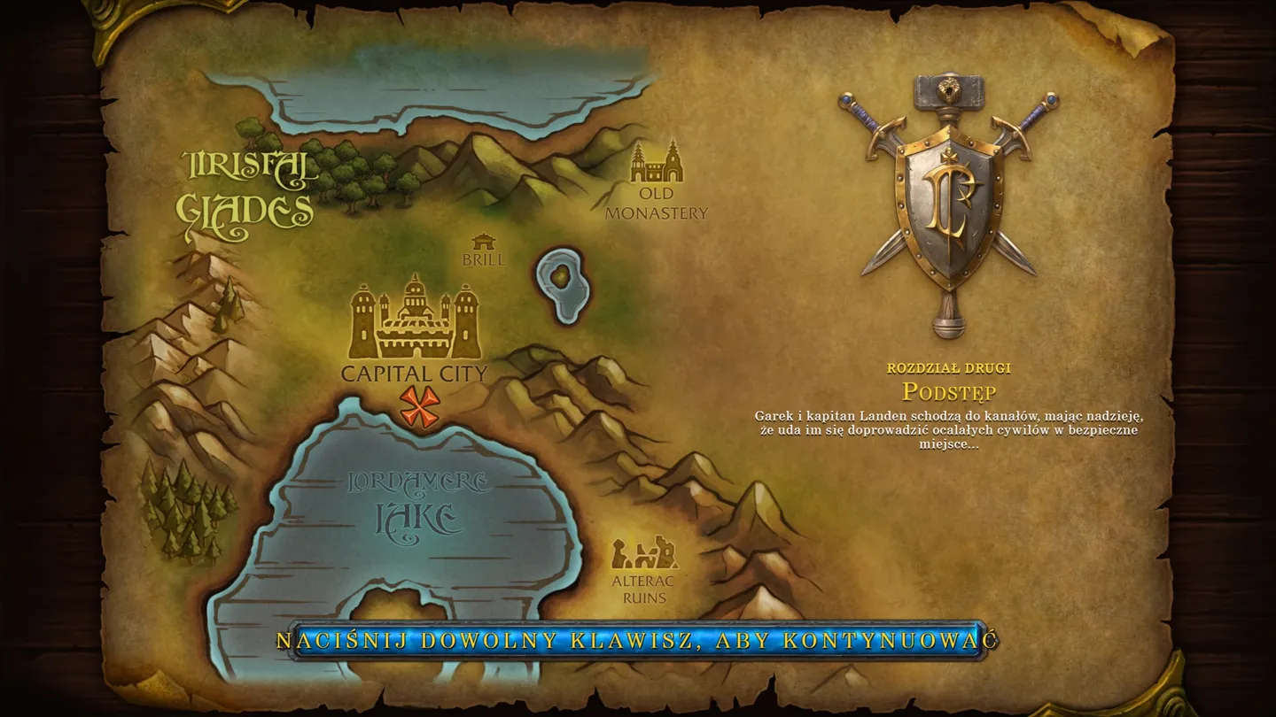 Ekran mapy kampanii z Warcraft III: Reforged – Forsaken Kingdom, przedstawiający rozdział drugi „Postęp” oraz drogę Gareka i kapitana Landena przez Tirisfal Glades, z zaznaczonymi lokacjami, m.in. Brill, Capital City i Old Monastery.