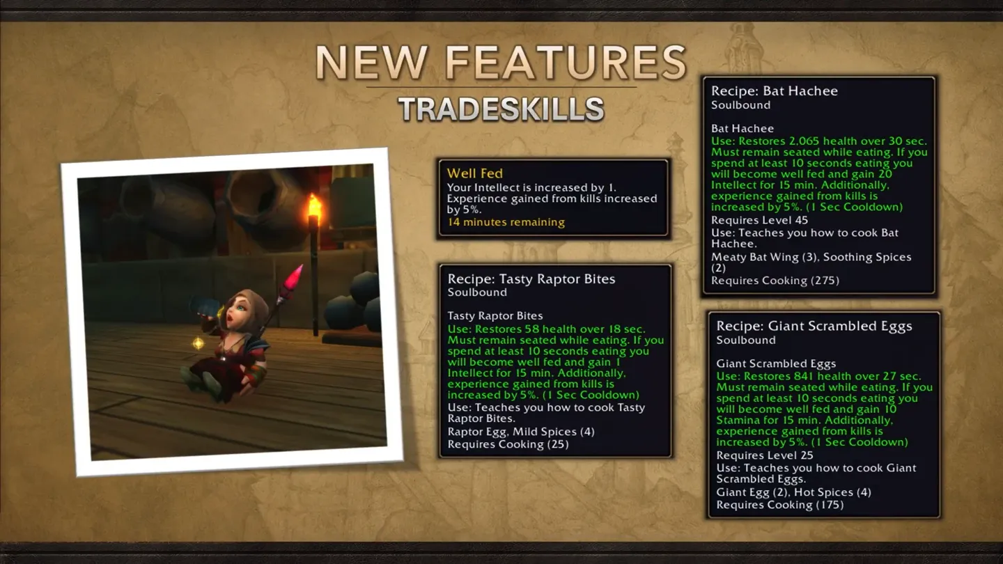 Slajd prezentacji o profesjach w World of Warcraft, przedstawiający gotowanie i potrawy zapewniające premie do statystyk, zdrowia, many, wytrzymałości oraz zdobywanego doświadczenia.