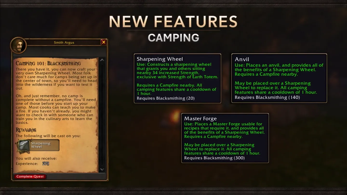Slajd prezentacji o obozowiskach w World of Warcraft, pokazujący kowalskie przedmioty użytkowe: osełkę, kowadło i kuźnię mistrzowską, wymagające pobliskiego ogniska.
