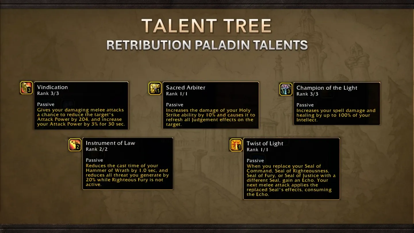 Slajd prezentacji pokazujący drzewko talentów Retribution Paladina w World of Warcraft z opisami pasywnych umiejętności, takich jak Vindication, Sacred Arbiter i Champion of the Light.