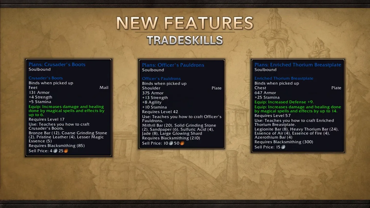 Slajd prezentacji o profesjach w World of Warcraft, prezentujący trzy kowalskie receptury: Buty Krzyżowca, Naramienniki oficera oraz Wzmocnioną napierśnik thoriumową, wraz z wymaganiami poziomu i składnikami.