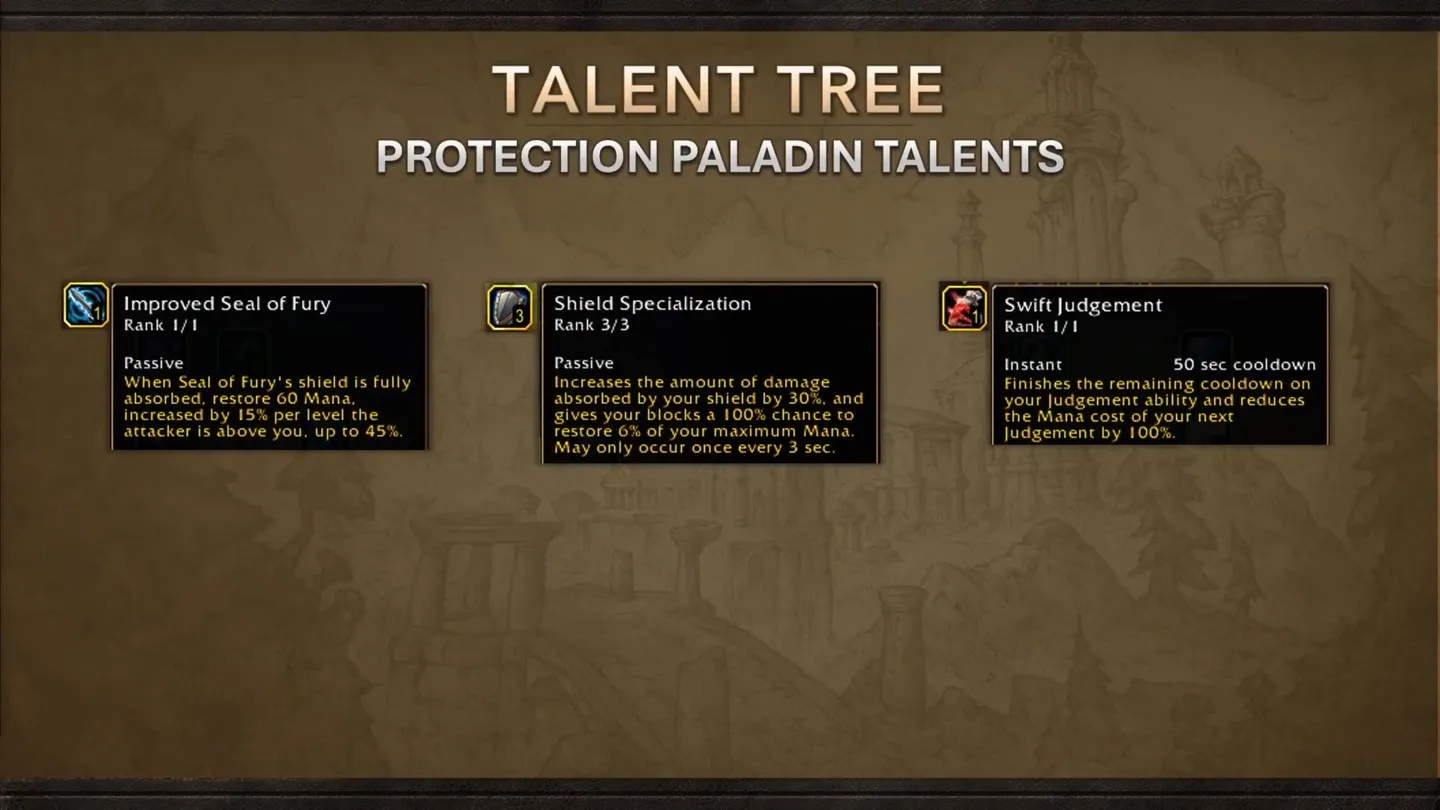Slajd prezentacji pokazujący drzewko talentów Protection Paladina w World of Warcraft z umiejętnościami Improved Seal of Fury, Shield Specialization i Swift Judgement.