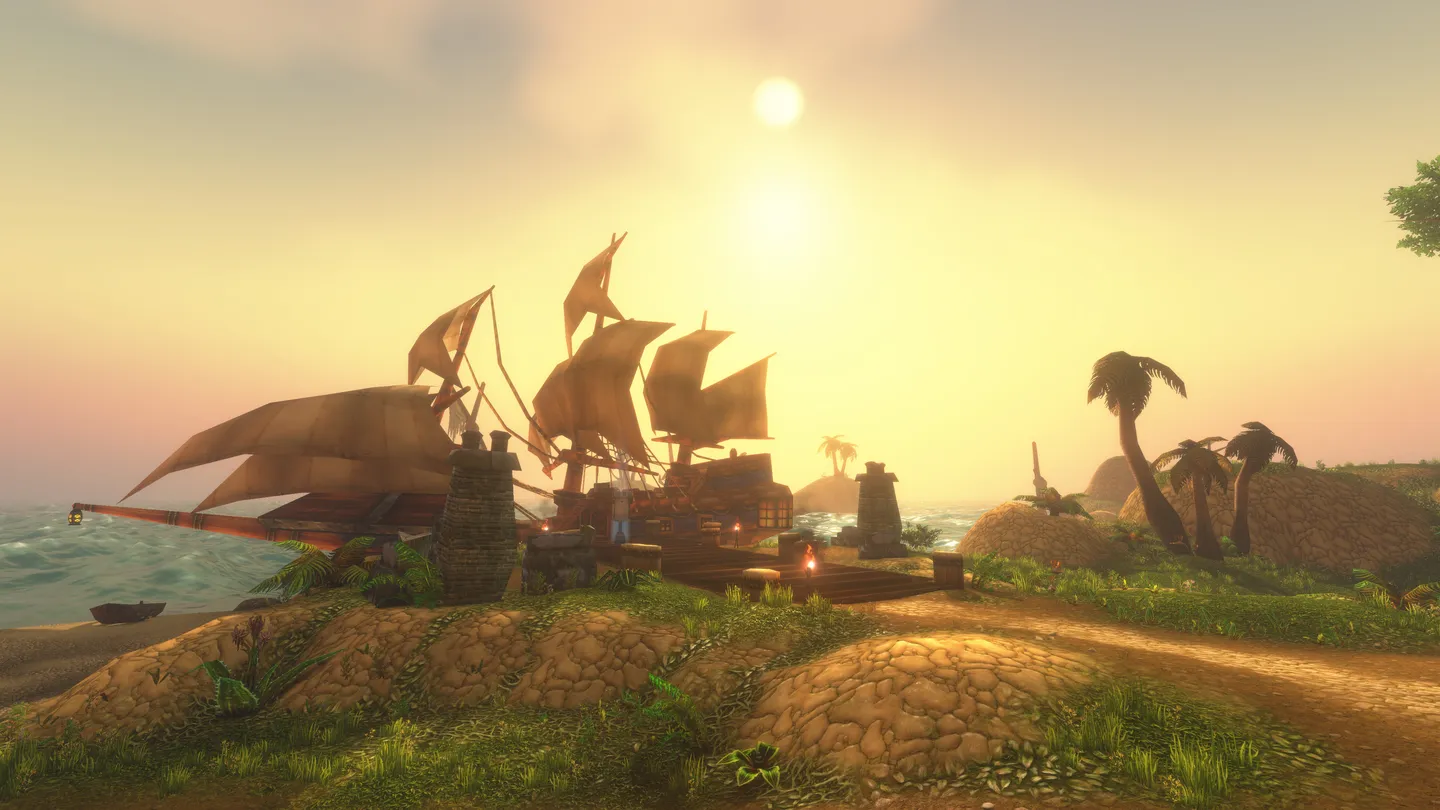Nadmorska lokacja w World of Warcraft z pirackim statkiem zacumowanym przy tropikalnej wyspie o zachodzie słońca.