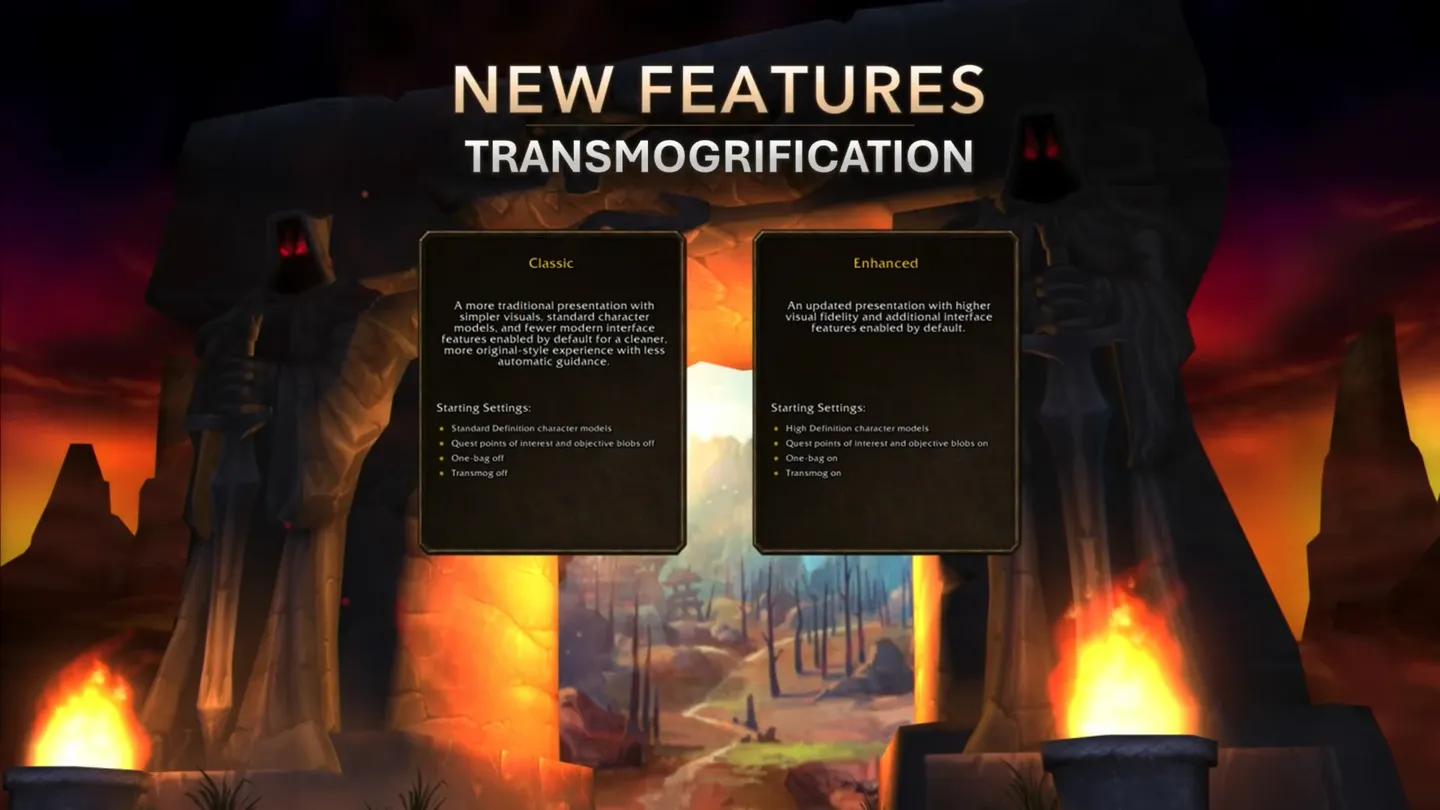 Slajd prezentacji o transmogryfikacji w World of Warcraft, porównujący klasyczny i ulepszony wygląd postaci oraz domyślne ustawienia obu wariantów.