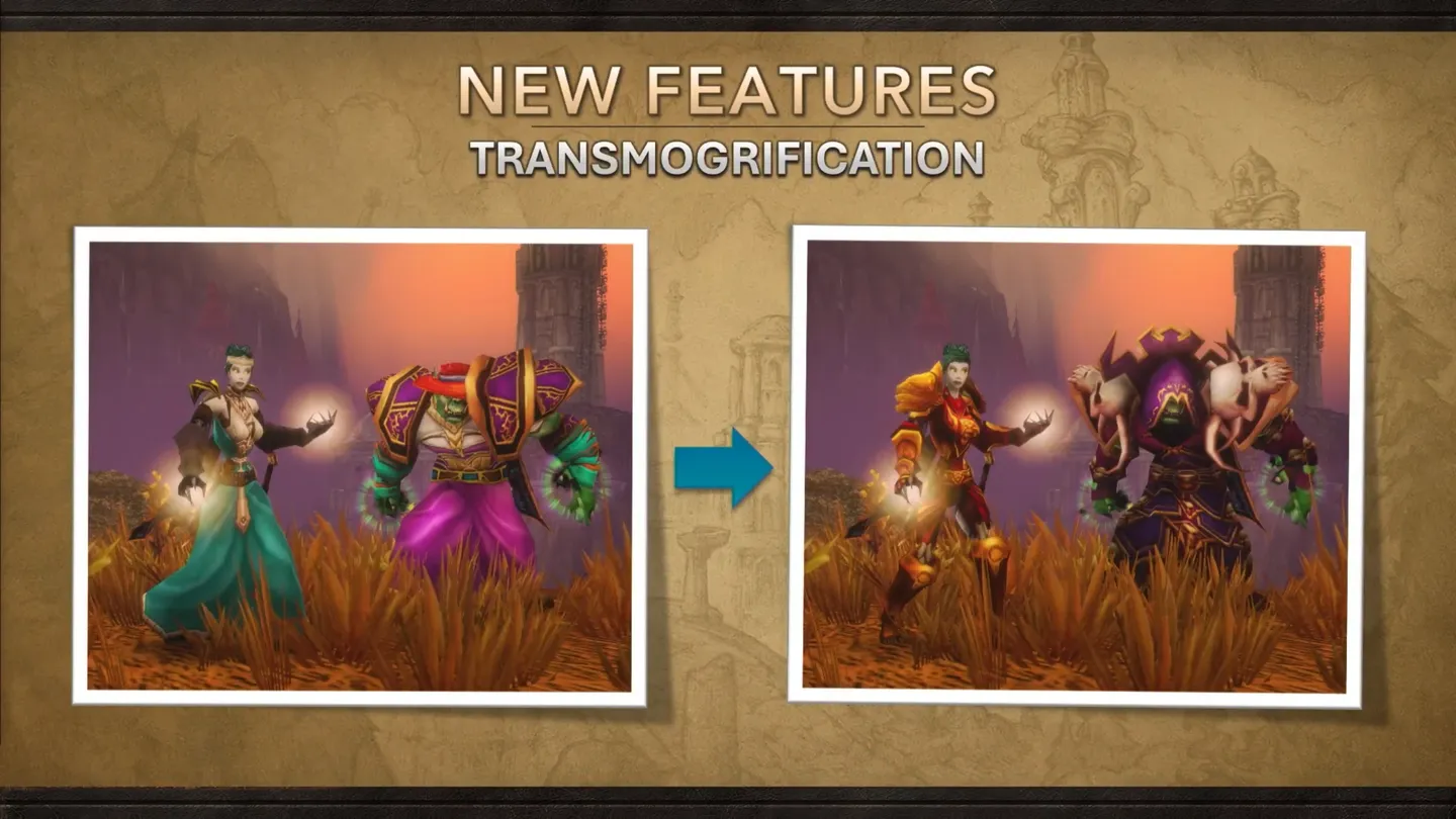 Slajd prezentacji o transmogryfikacji w World of Warcraft, pokazujący zmianę wyglądu dwóch postaci: z pierwotnego wyposażenia na nowe zestawy wizualne.