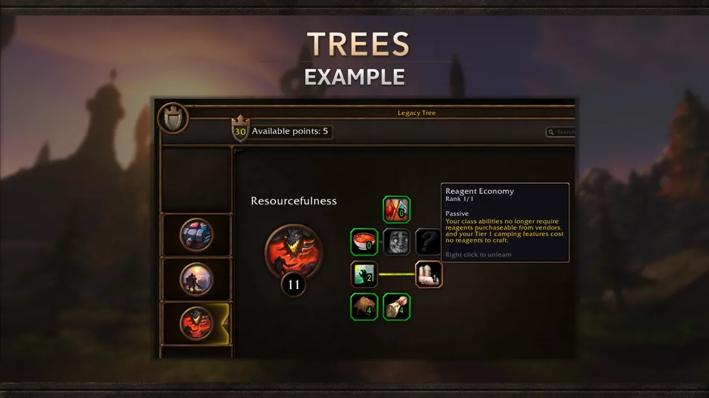 Przykład drzewa Legacy w World of Warcraft z rozwijaną gałęzią Resourcefulness, dostępnymi punktami i zaznaczoną pasywną umiejętnością Reagent Economy.