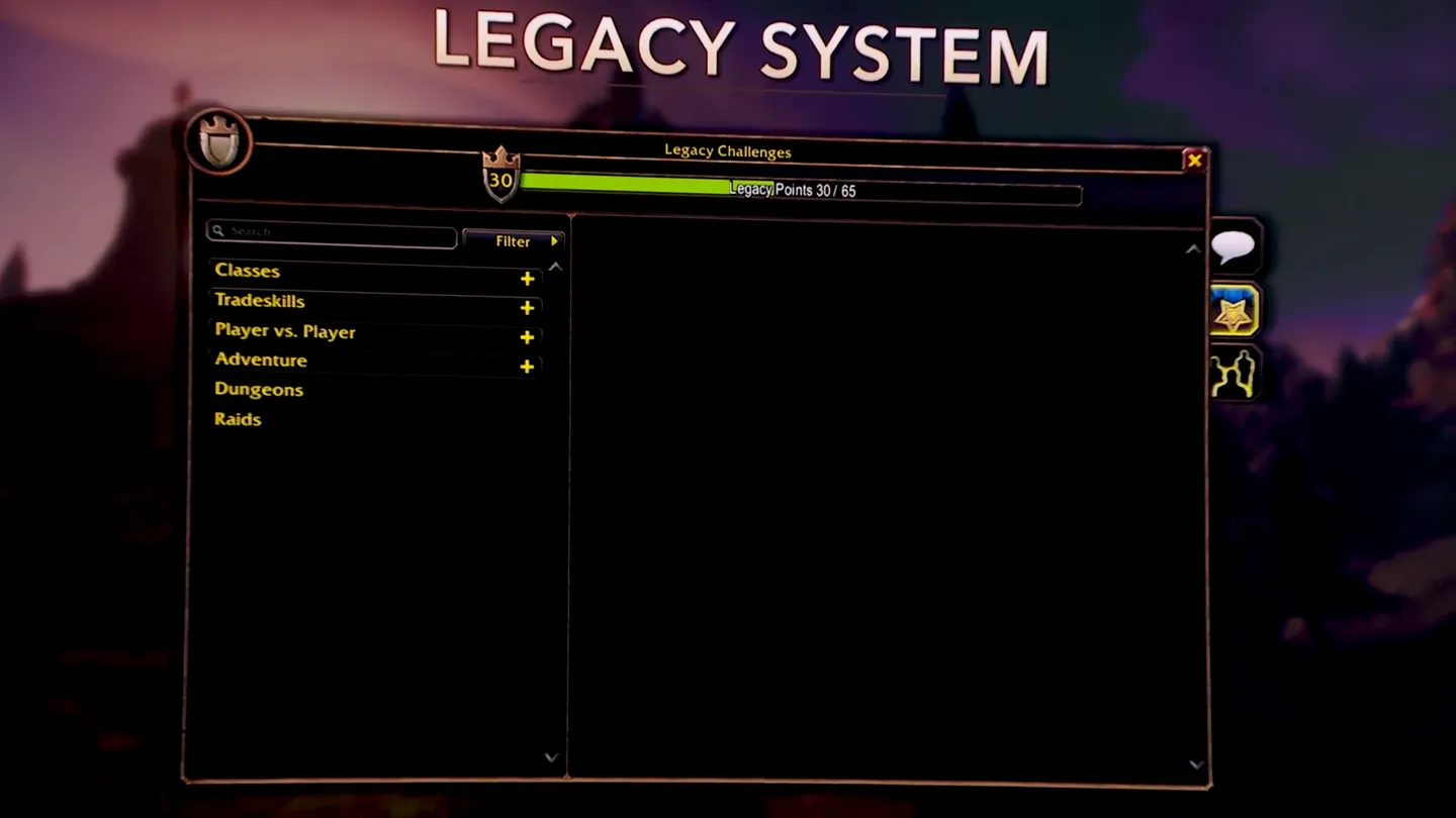Ekran systemu Legacy w World of Warcraft z listą kategorii wyzwań, takich jak klasy, profesje, PvP, przygody, lochy i rajdy, oraz licznikiem punktów Legacy.