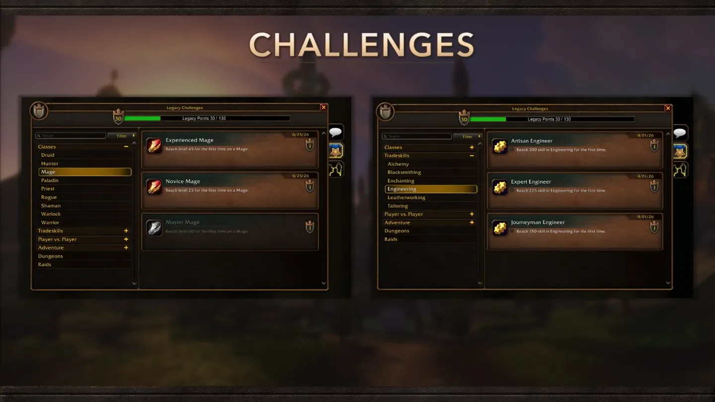 Slajd prezentacji o wyzwaniach Legacy w World of Warcraft, pokazujący przykłady osiągnięć dla maga i inżyniera.