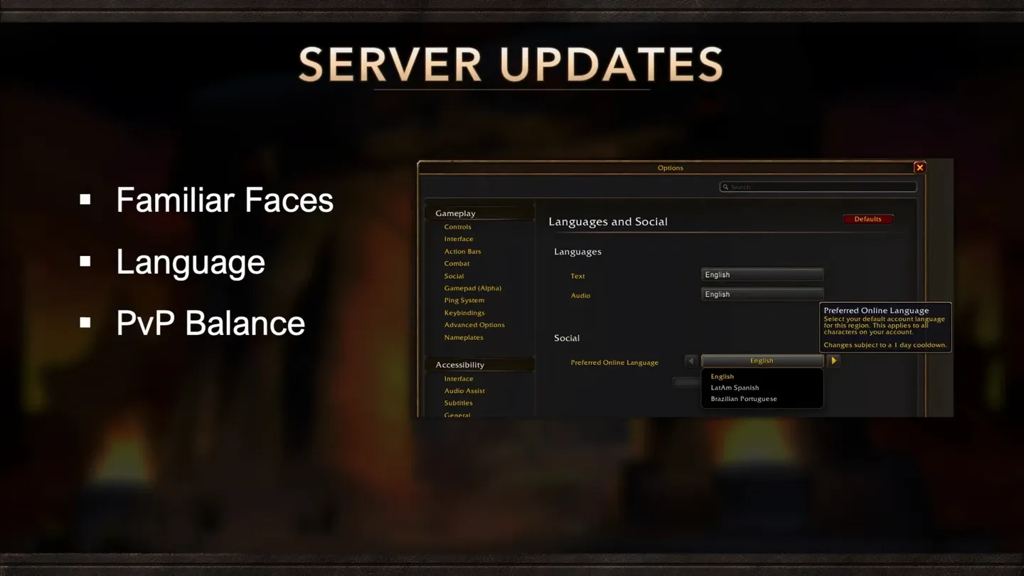 lajd prezentacji o aktualizacjach serwerów World of Warcraft, wymieniający znajome postacie, obsługę języków i balans PvP, z widokiem ustawień językowych gry.