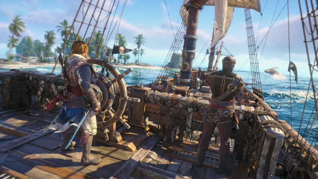 Edward Kenway za kołem sterowym Kawki płynącej obok tropikalnej wyspy i wynurzającego się wieloryba.