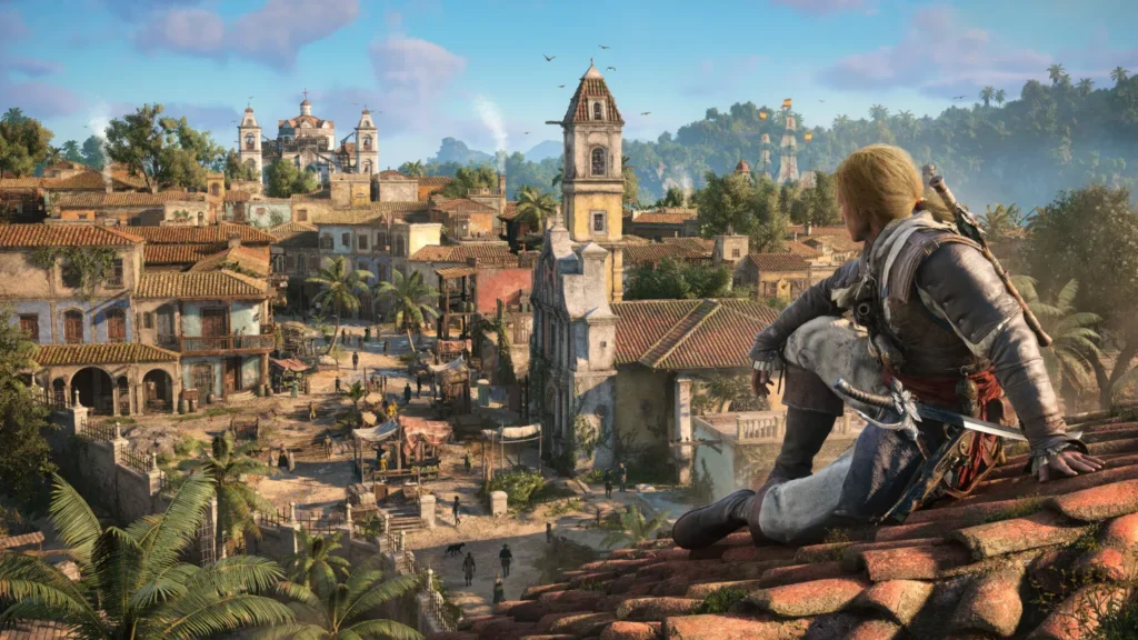 Edward Kenway siedzący na dachu krytym czerwoną dachówką z panoramą kolonialnego miasta i kościelnych wież.