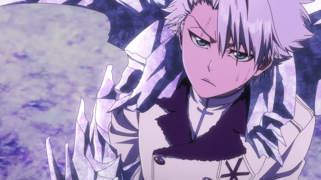 Tōshirō Hitsugaya w białym mundurze ze skrzydłami z lodu za plecami.