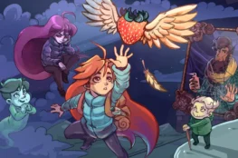 Ilustracja z gry Celeste przedstawiająca Madeline sięgającą ku latającej truskawce, w otoczeniu Badeline, Theo w pękniętym lustrze, starszej pani i duszka Oshiro.