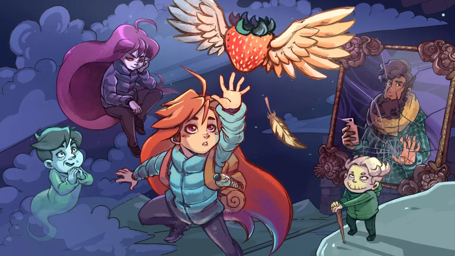 Ilustracja z gry Celeste przedstawiająca Madeline sięgającą ku latającej truskawce, w otoczeniu Badeline, Theo w pękniętym lustrze, starszej pani i duszka Oshiro.