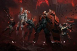 Grafika promocyjna gry Cinder City od NCSoft przedstawiająca uzbrojony oddział żołnierzy sci-fi i bojowego mecha na tle zrujnowanego miasta w czerwonym pyle.