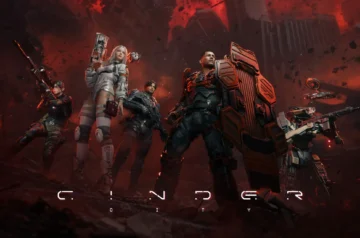 Grafika promocyjna gry Cinder City od NCSoft przedstawiająca uzbrojony oddział żołnierzy sci-fi i bojowego mecha na tle zrujnowanego miasta w czerwonym pyle.