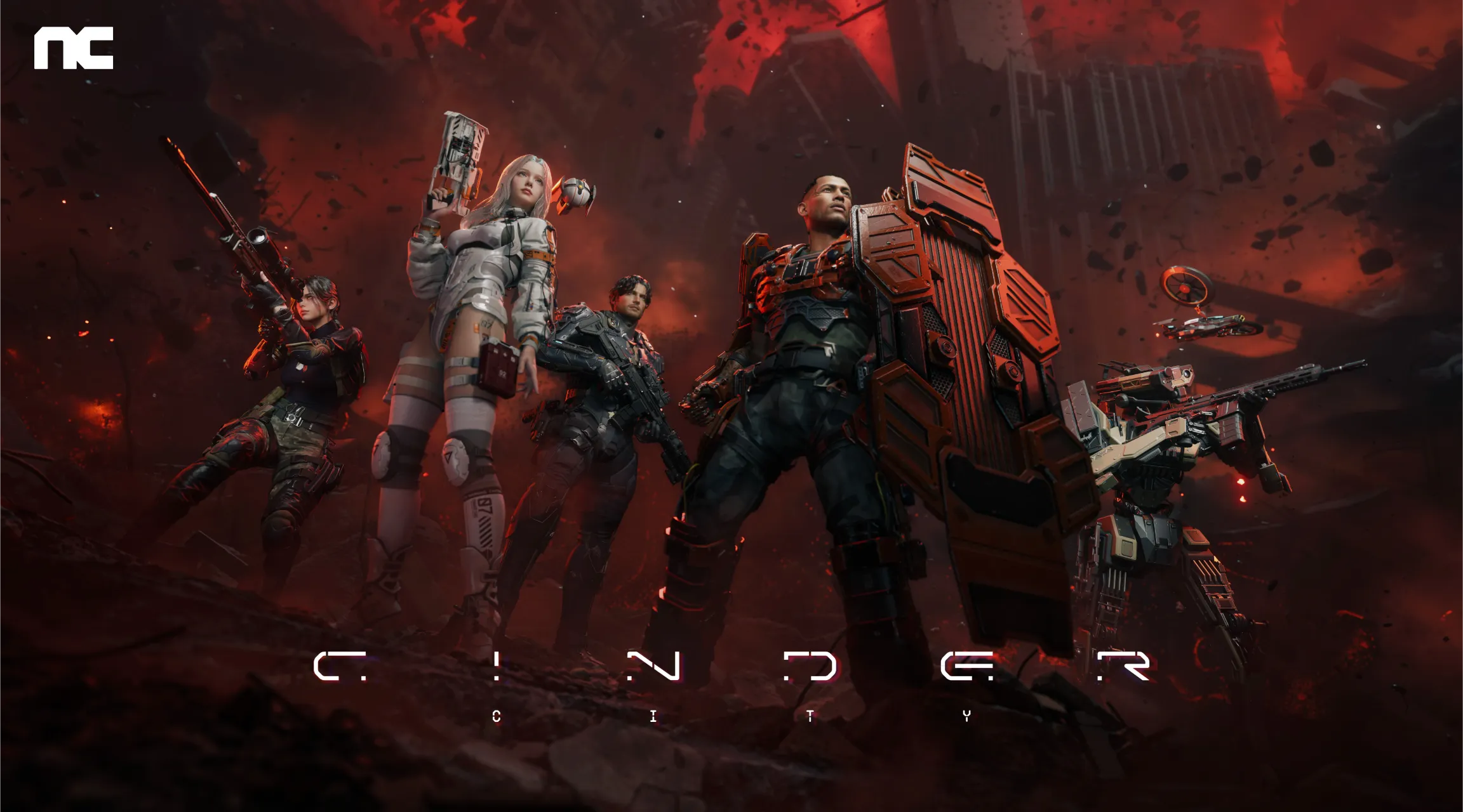 Grafika promocyjna gry Cinder City od NCSoft przedstawiająca uzbrojony oddział żołnierzy sci-fi i bojowego mecha na tle zrujnowanego miasta w czerwonym pyle.