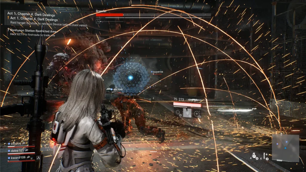 Dynamiczne starcie z bossem Brawlerem w tunelu stacji. Bohaterka w białym kombinezonie strzela pośród deszczu iskier i wyładowań energetycznych.