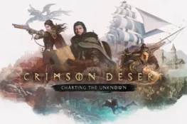 Grafika promocyjna Crimson Desert: Charting the Unknown przedstawiająca Kliffa z mapą, towarzyszy z bronią palną i żaglowiec na tle fantastycznego świata.