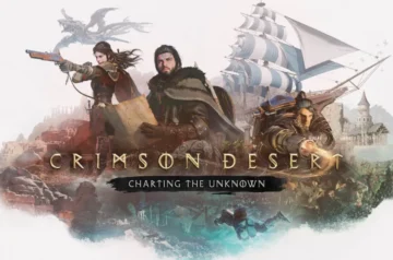 Grafika promocyjna Crimson Desert: Charting the Unknown przedstawiająca Kliffa z mapą, towarzyszy z bronią palną i żaglowiec na tle fantastycznego świata.