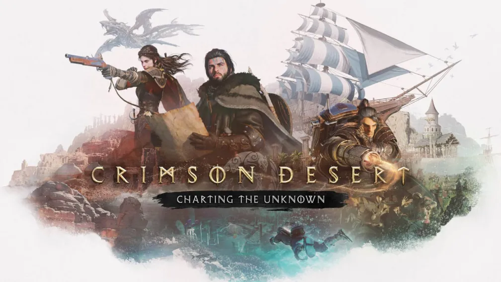 Grafika promocyjna Crimson Desert: Charting the Unknown przedstawiająca Kliffa z mapą, towarzyszy z bronią palną i żaglowiec na tle fantastycznego świata.