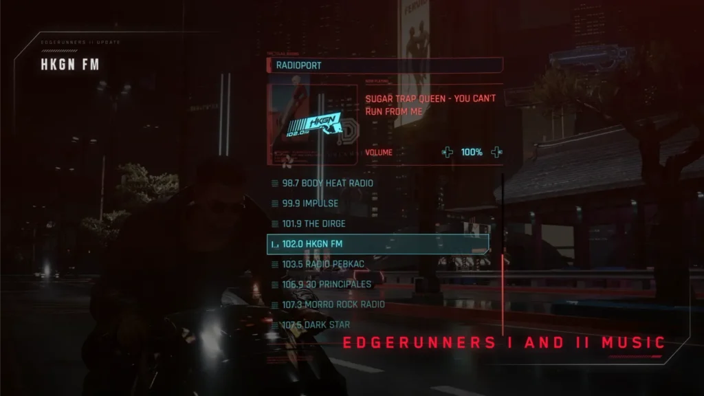Menu stacji radiowych Radioportu z wybraną stacją 102.0 HKGN FM w Cyberpunk 2077.